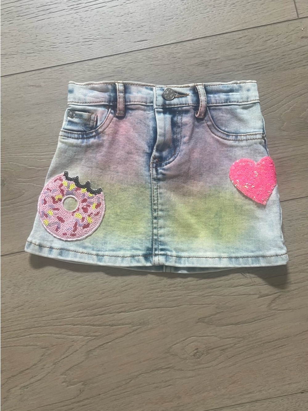 Girls Denim Tie-Dye Skirt with Sequin Heart & Donut Patches